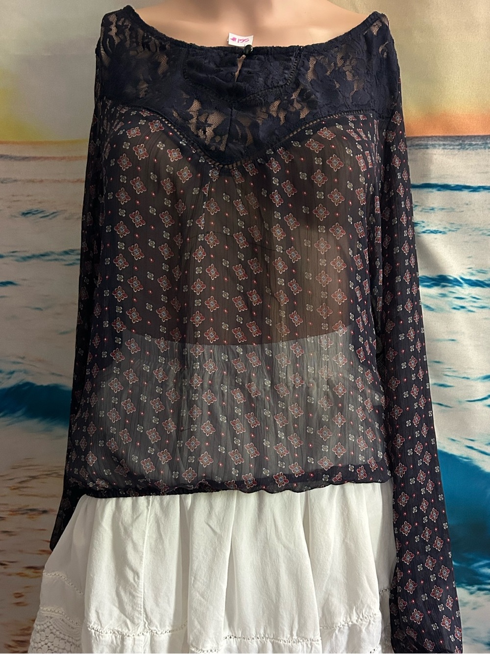 About A Girl Sheer Navy Lace Yoke Boho Blouse with Floral Print SM